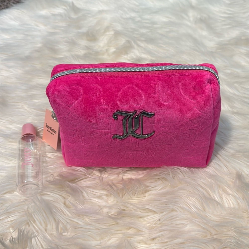Hot pink juicy couture cosmetic bag with travel bottle included. New with tags!